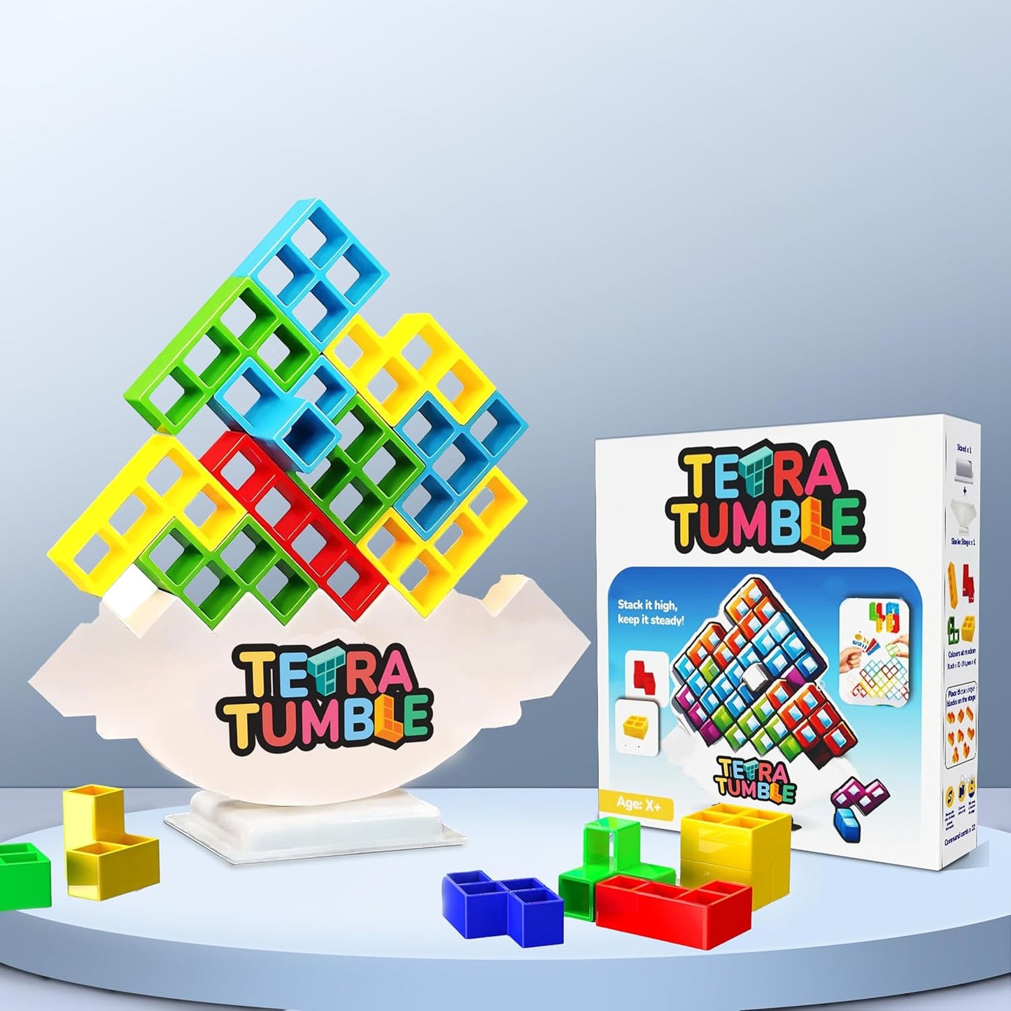 Tetra Tower Stacking Blocks - 32 Pcs | Balance Game, Family Board Games for Kids & Adults | Balancing Stacking Toys Building Blocks for Parties, Travel Multi-Colored