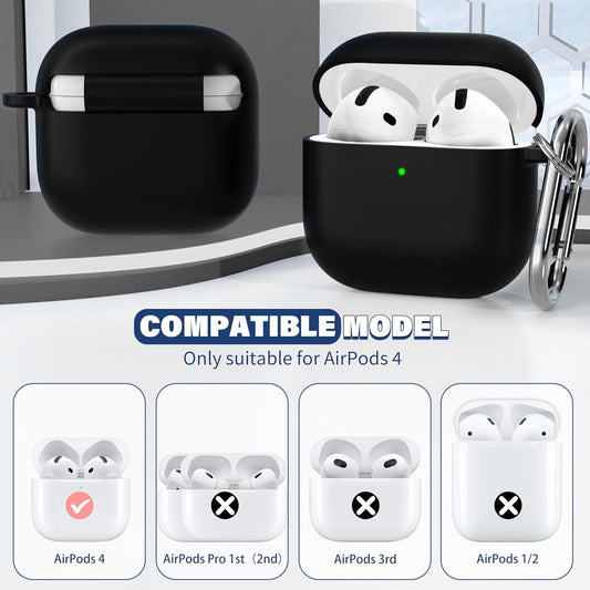 Silicone Case for Apple AirPods 4 Case Cover with Keychain, Soft Skin Silicone Case Cover, Full Protective Case Cover Compatible with Apple AirPods 4 Case 2024 (Black)