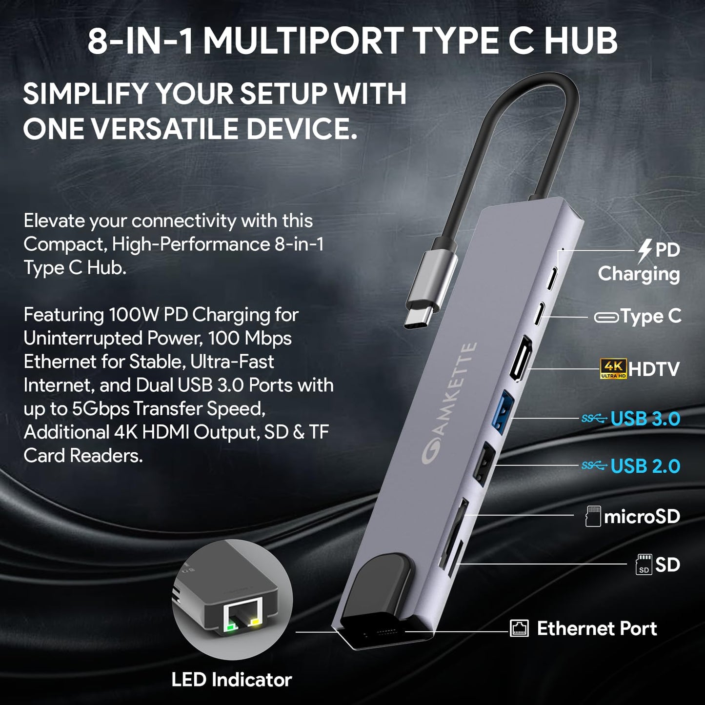 Amkette 8-in-1 Type C Hub/Docking Station with 100W Power Delivery&USB C Data Transfer Multiport Adapter, for All Type C Devices-MacBook,Laptops