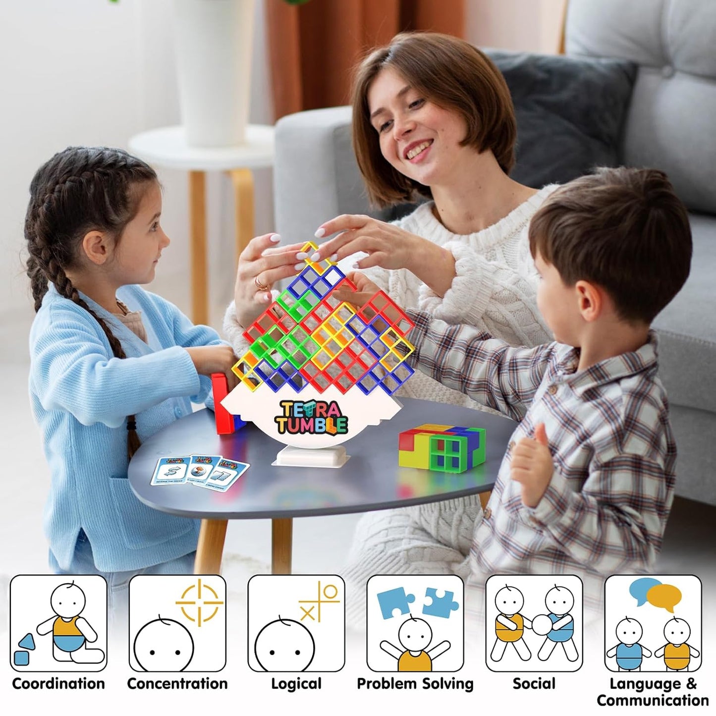 Tetra Tower Stacking Blocks - 32 Pcs | Balance Game, Family Board Games for Kids & Adults | Balancing Stacking Toys Building Blocks for Parties, Travel Multi-Colored