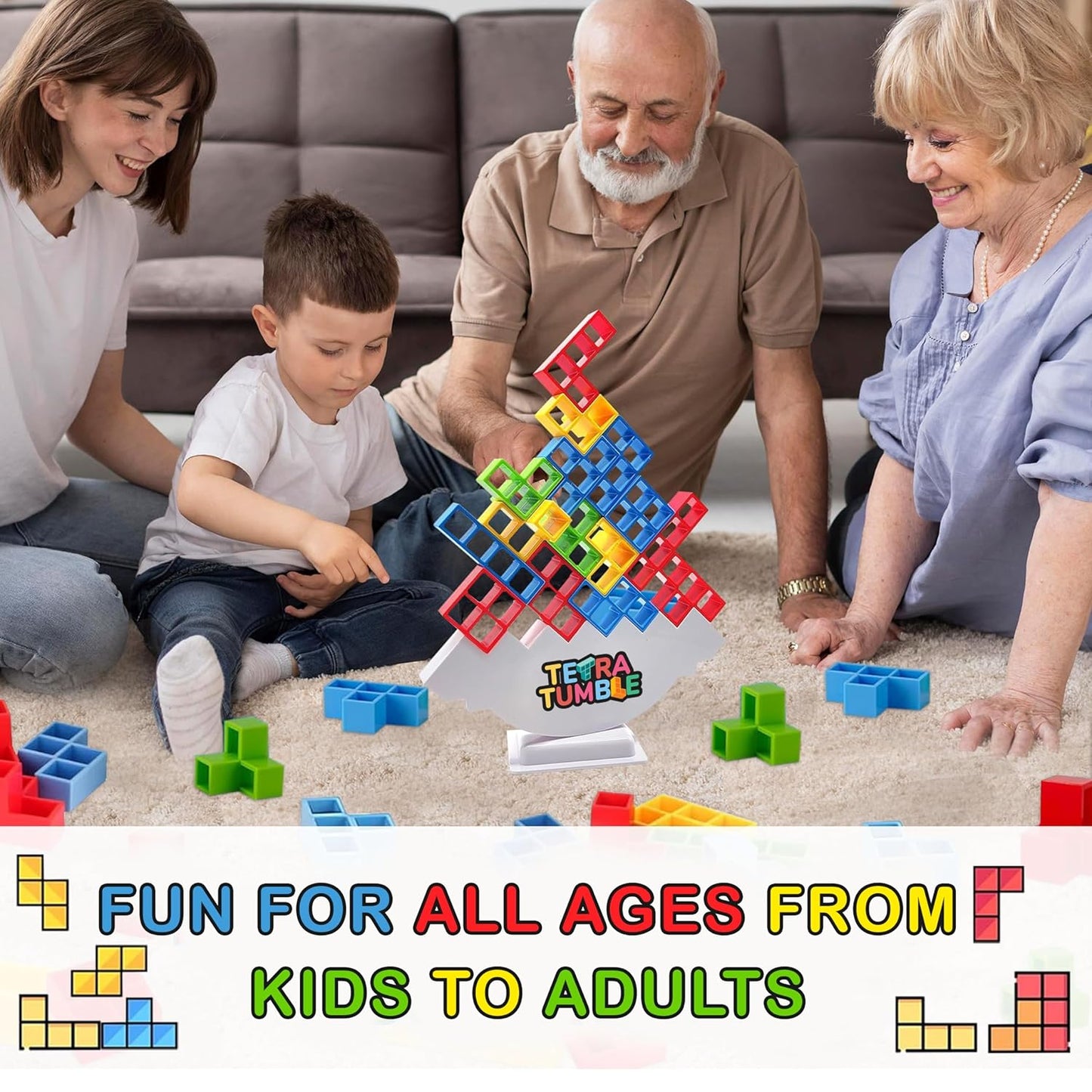 Tetra Tower Stacking Blocks - 32 Pcs | Balance Game, Family Board Games for Kids & Adults | Balancing Stacking Toys Building Blocks for Parties, Travel Multi-Colored