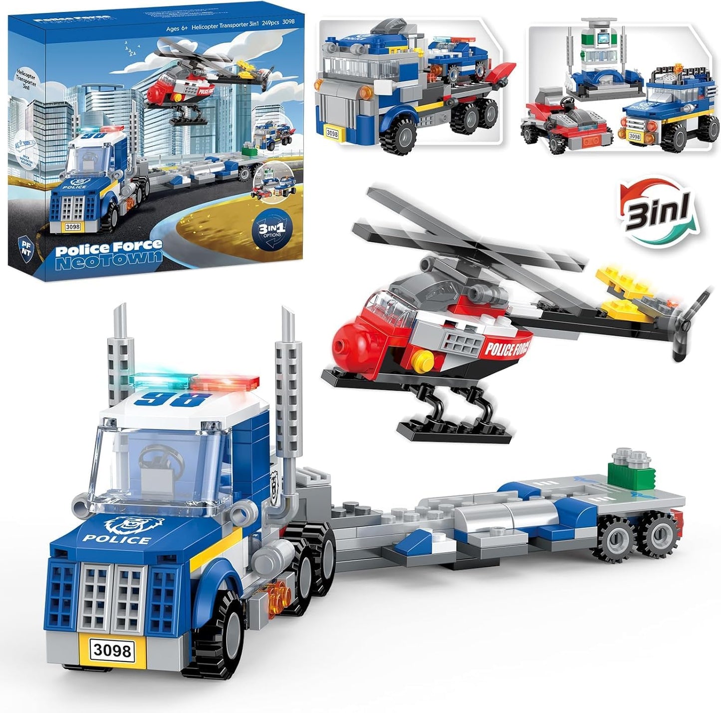 Bestie toys 3in1 City Police Building Set, Police Car Transporter Building Toys, Police Truck with Trailer & Rescue Helicopter, Police Chase Building Kit, Gift for Boys Kids Aged 6-12, 249 PCS
