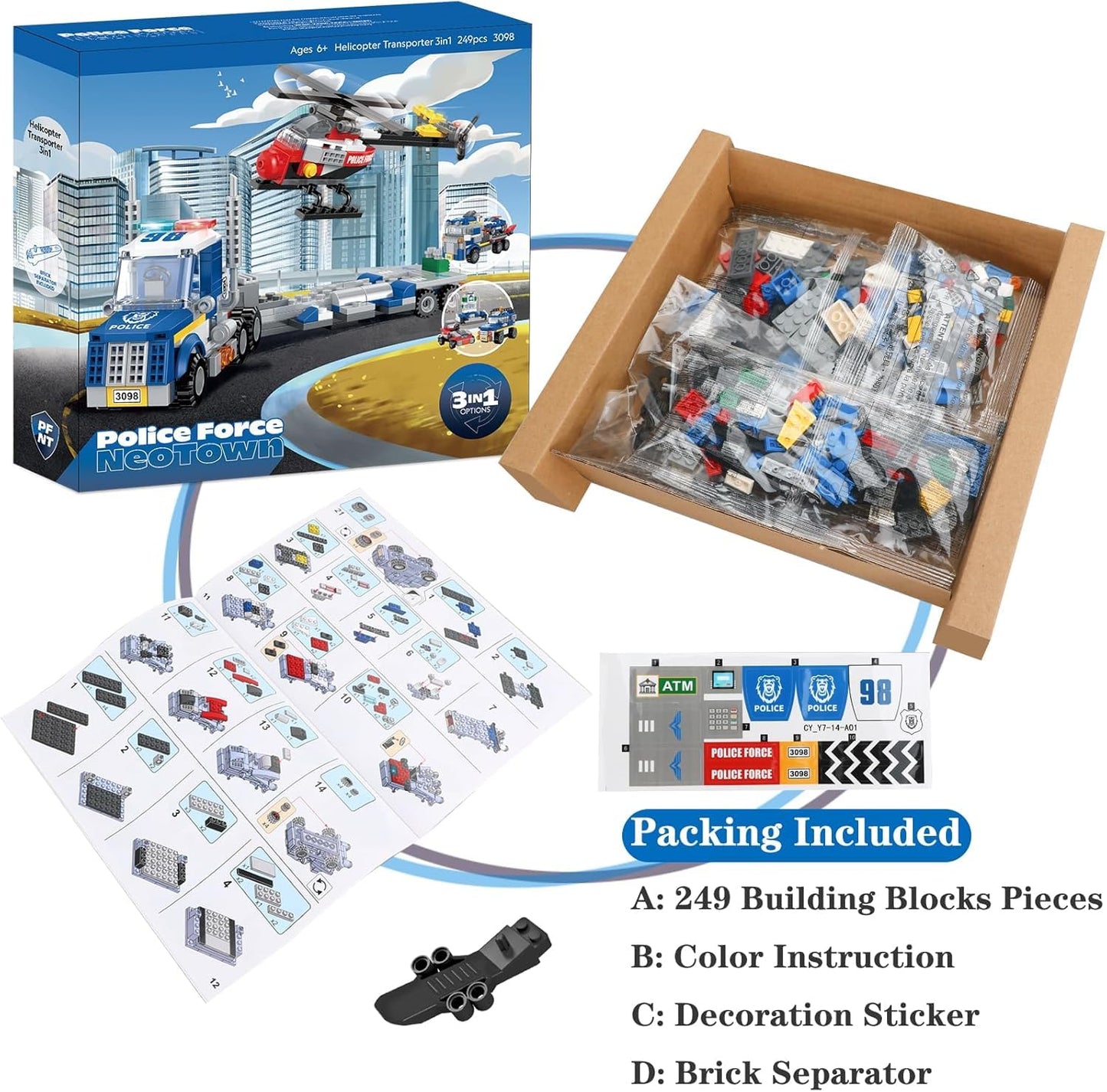 Bestie toys 3in1 City Police Building Set, Police Car Transporter Building Toys, Police Truck with Trailer & Rescue Helicopter, Police Chase Building Kit, Gift for Boys Kids Aged 6-12, 249 PCS