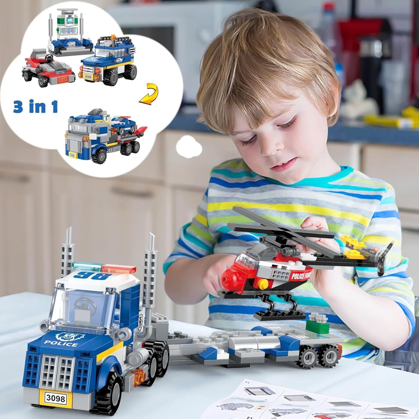 Bestie toys 3in1 City Police Building Set, Police Car Transporter Building Toys, Police Truck with Trailer & Rescue Helicopter, Police Chase Building Kit, Gift for Boys Kids Aged 6-12, 249 PCS