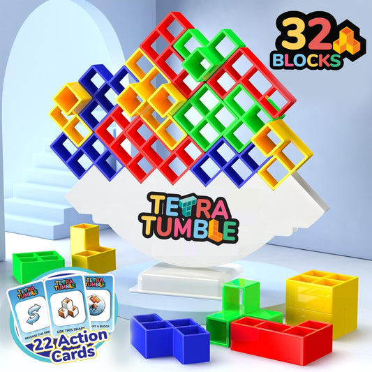 Tetra Tower Stacking Blocks - 32 Pcs | Balance Game, Family Board Games for Kids & Adults | Balancing Stacking Toys Building Blocks for Parties, Travel Multi-Colored