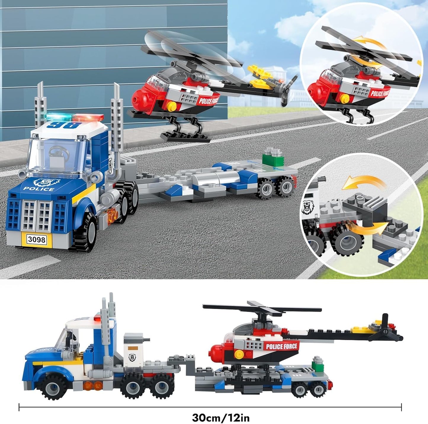 Bestie toys 3in1 City Police Building Set, Police Car Transporter Building Toys, Police Truck with Trailer & Rescue Helicopter, Police Chase Building Kit, Gift for Boys Kids Aged 6-12, 249 PCS
