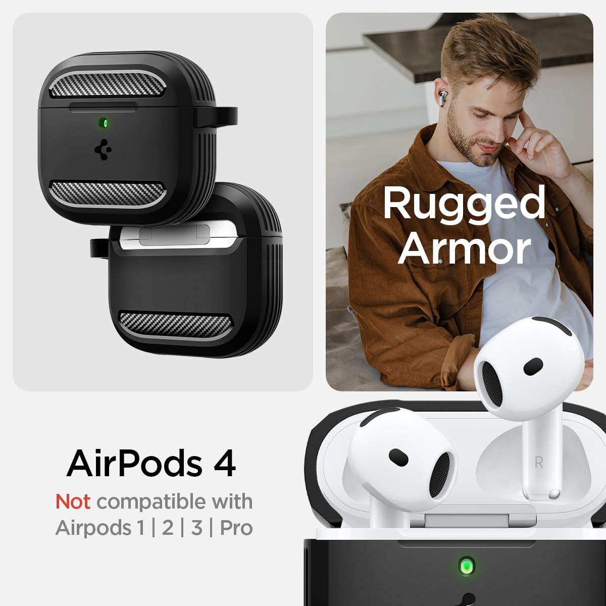 Spigen 2024 AirPods 4 / AirPods 4 ANC Case, Carabiner Included, [Shock Proof] [Light & Compact], Rugged Armor - Matte Black