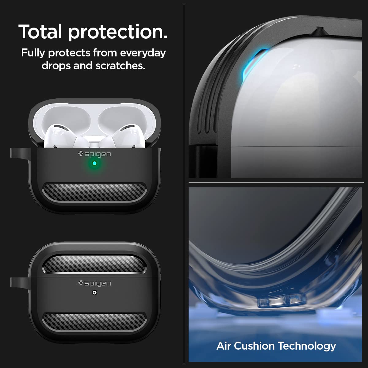Spigen AirPods Pro 2nd Gen(2022/2023) Case, Carabiner Included, [Shock Proof] [Light & Compact], Rugged Armor - Matte Black