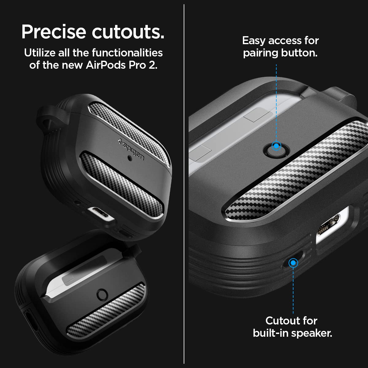 Spigen AirPods Pro 2nd Gen(2022/2023) Case, Carabiner Included, [Shock Proof] [Light & Compact], Rugged Armor - Matte Black