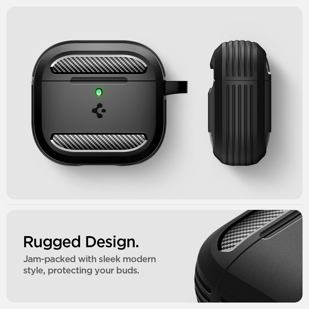 Spigen 2024 AirPods 4 / AirPods 4 ANC Case, Carabiner Included, [Shock Proof] [Light & Compact], Rugged Armor - Matte Black