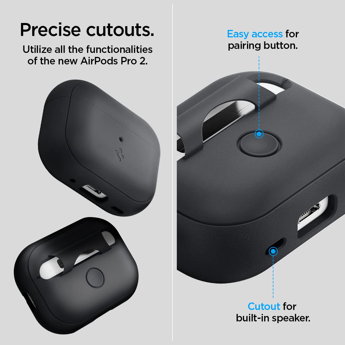Spigen AirPods Pro 2nd Gen Case, Carabiner Included, [Light & Compact], Silicone Fit - Black/Black