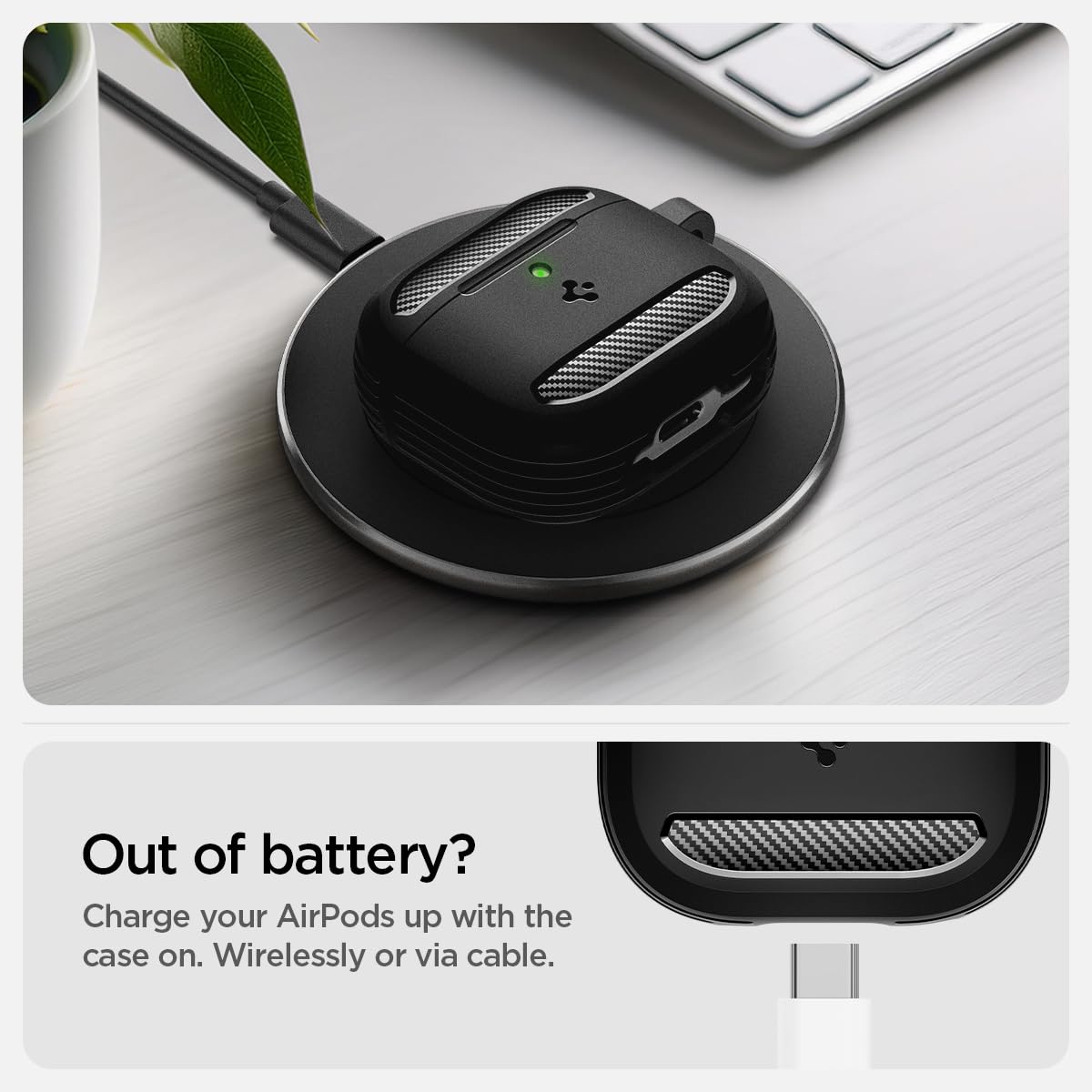 Spigen 2024 AirPods 4 / AirPods 4 ANC Case, Carabiner Included, [Shock Proof] [Light & Compact], Rugged Armor - Matte Black