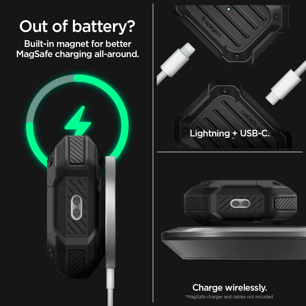 Spigen AirPods Pro 2nd Gen(2022/2023) Case, Carabiner Included, [Shock Proof] [Light & Compact], Rugged Armor - Matte Black