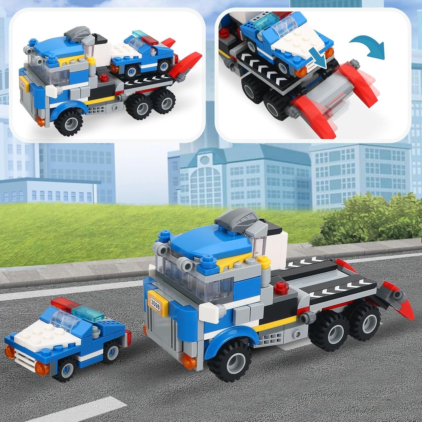 Bestie toys 3in1 City Police Building Set, Police Car Transporter Building Toys, Police Truck with Trailer & Rescue Helicopter, Police Chase Building Kit, Gift for Boys Kids Aged 6-12, 249 PCS
