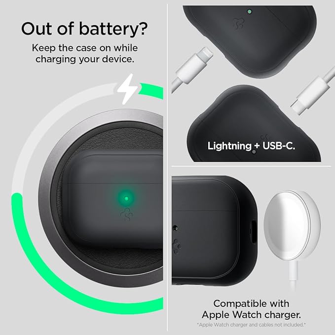 Spigen AirPods Pro 2nd Gen Case, Carabiner Included, [Light & Compact], Silicone Fit - Black/Black