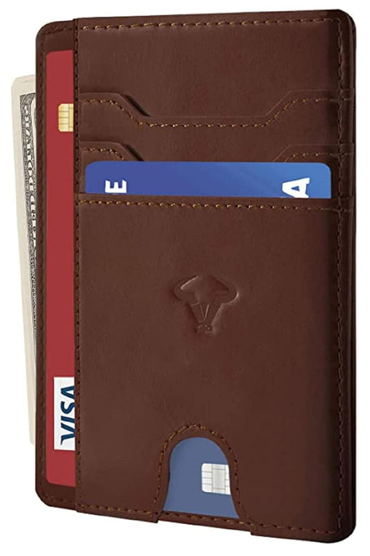 Genuine Leather Slim Wallet for Men – RFID Blocking, 7 Card Slots, Brown