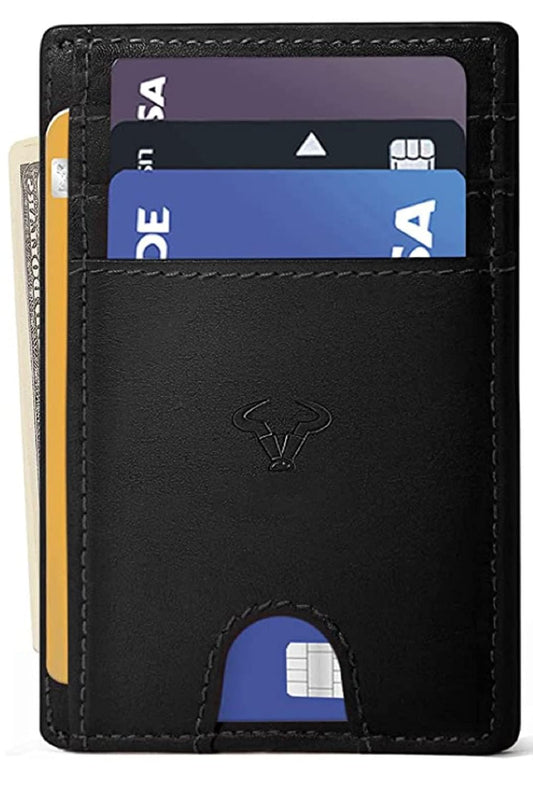 Genuine Leather Slim Wallet for Men – RFID Blocking, 7 Card Slots, Black