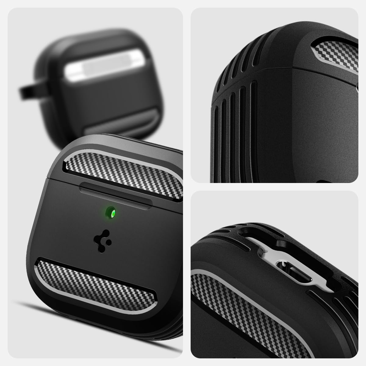 Spigen 2024 AirPods 4 / AirPods 4 ANC Case, Carabiner Included, [Shock Proof] [Light & Compact], Rugged Armor - Matte Black