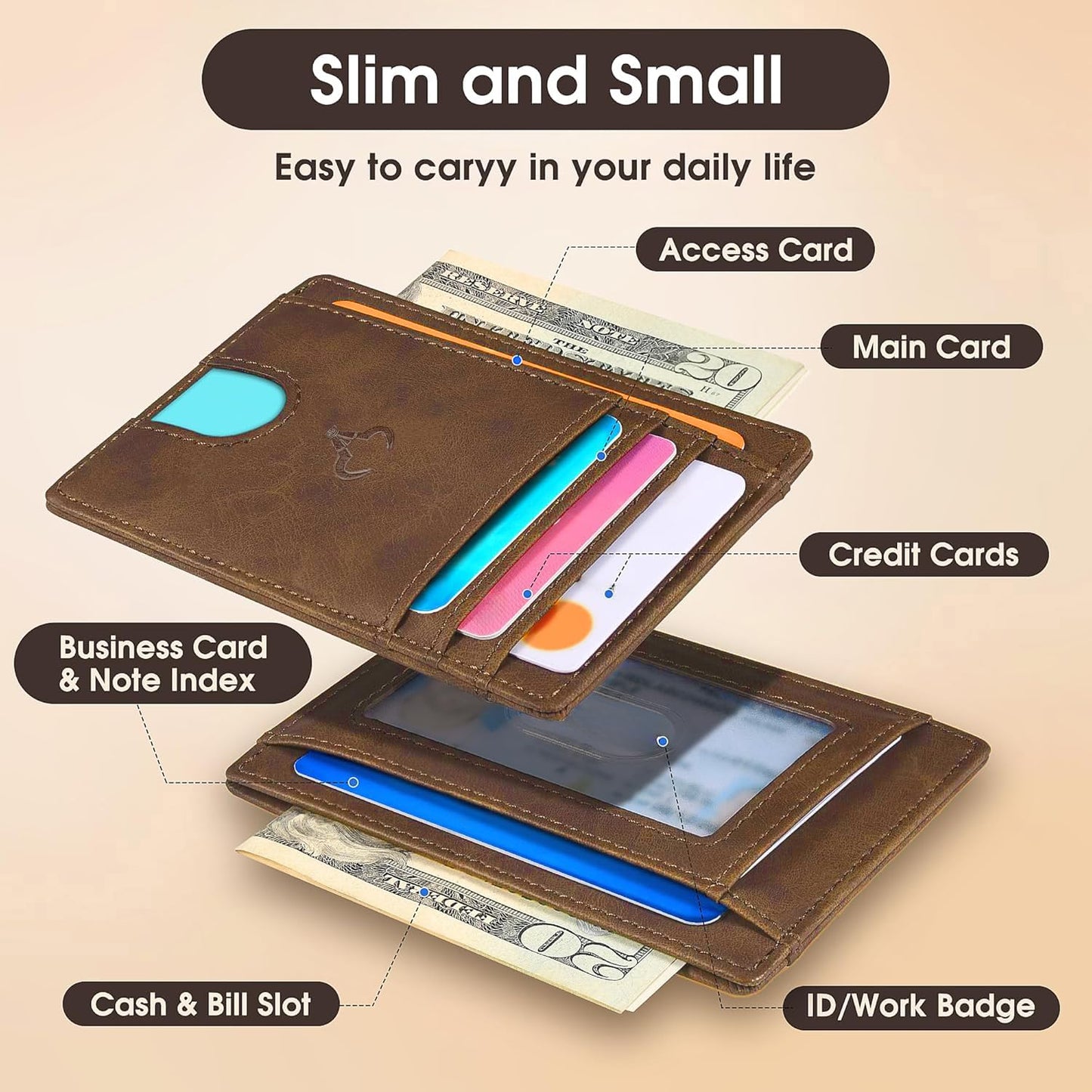 Genuine Leather Slim Wallet for Men – RFID Blocking, 7 Card Slots, Hunter Brown