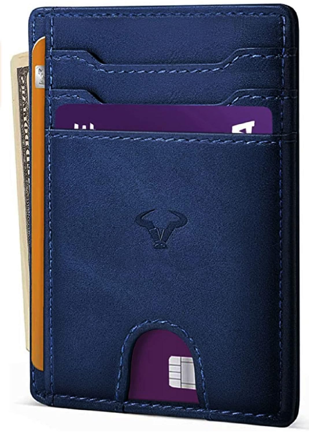 Genuine Leather Slim Wallet for Men – RFID Blocking, 7 Card Slots, Blue.