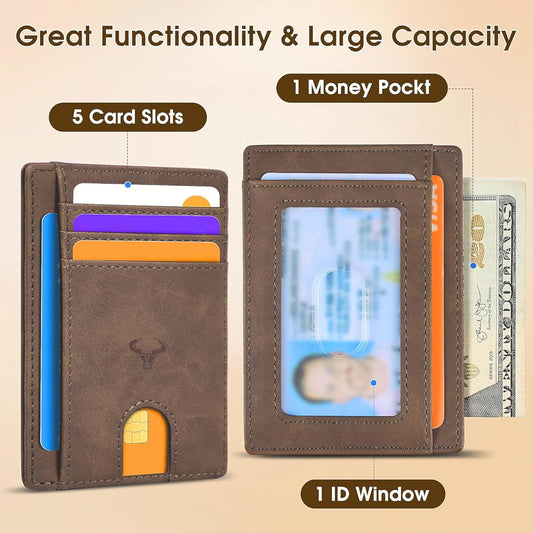 Genuine Leather Slim Wallet for Men – RFID Blocking, 7 Card Slots, Hunter Brown